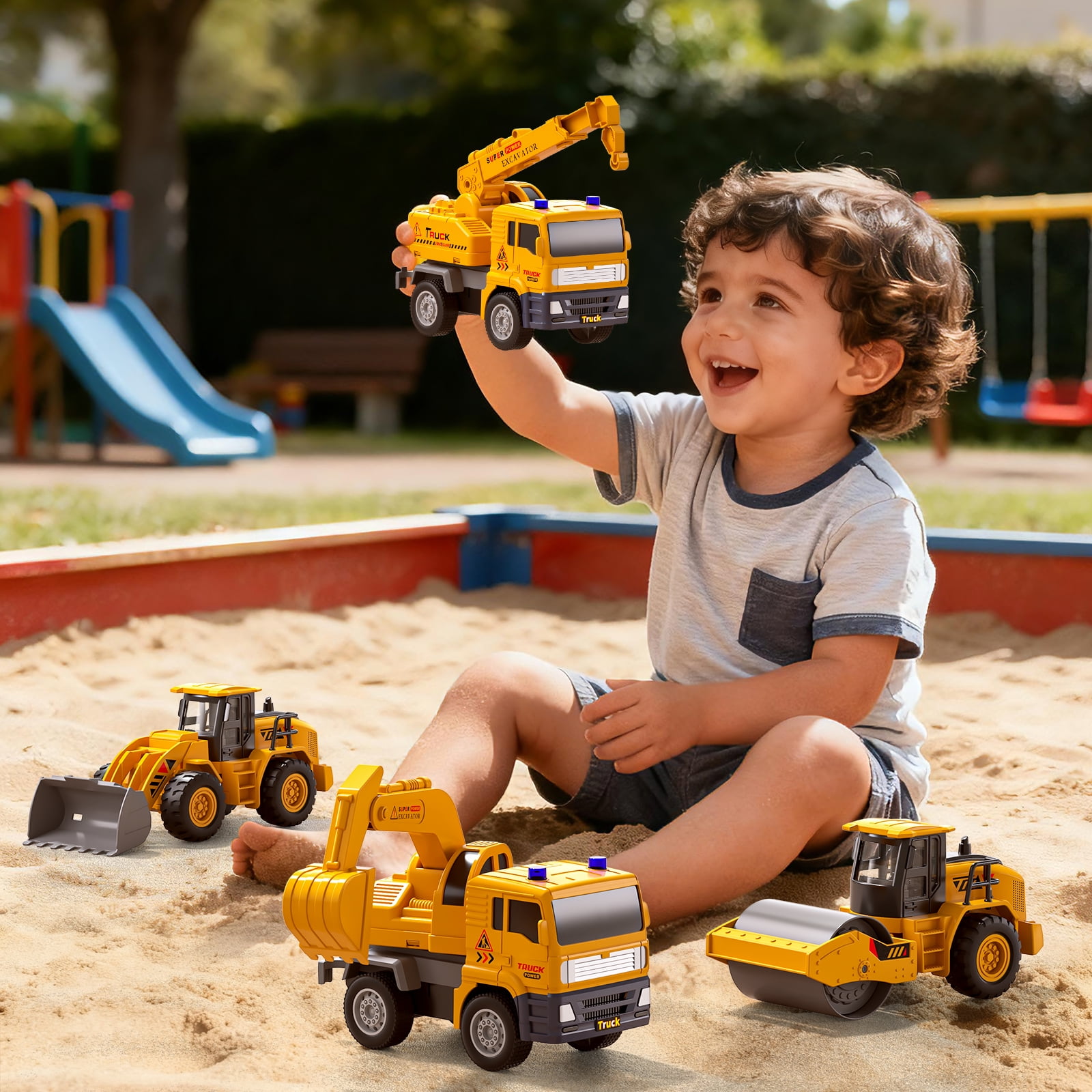 Lucky Doug ConstructionTruck Toy, 4 in 1 Construction Vehicle Toys - Excavators, Cranes, Bulldozer, Road Roller, Truck Toy for 3-6 Years Old Boy