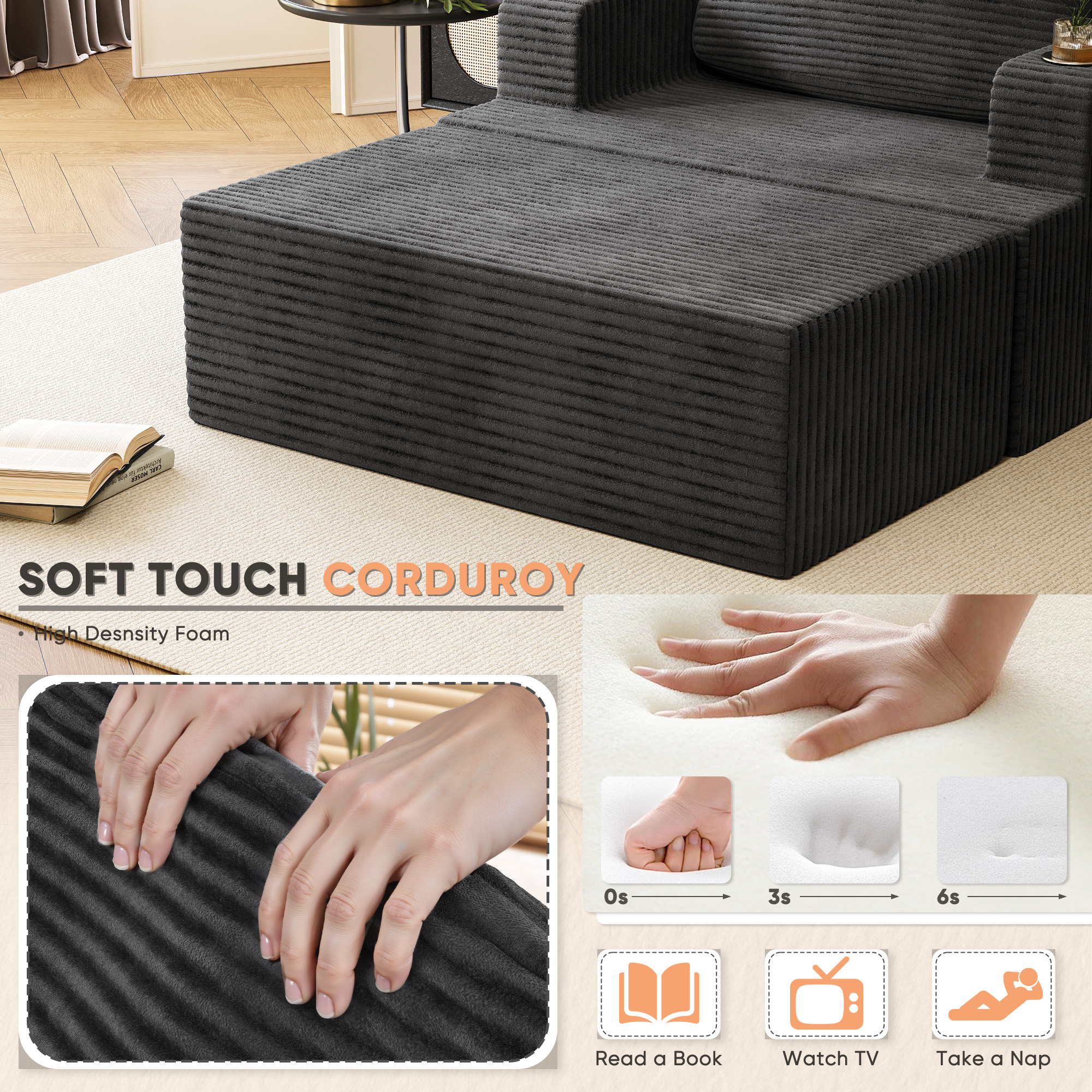 Homall Oversized Boneless Sofa Chair Deep Seat Sleeper Sofa Chaise Lounge Chair Indoor for living room,Black