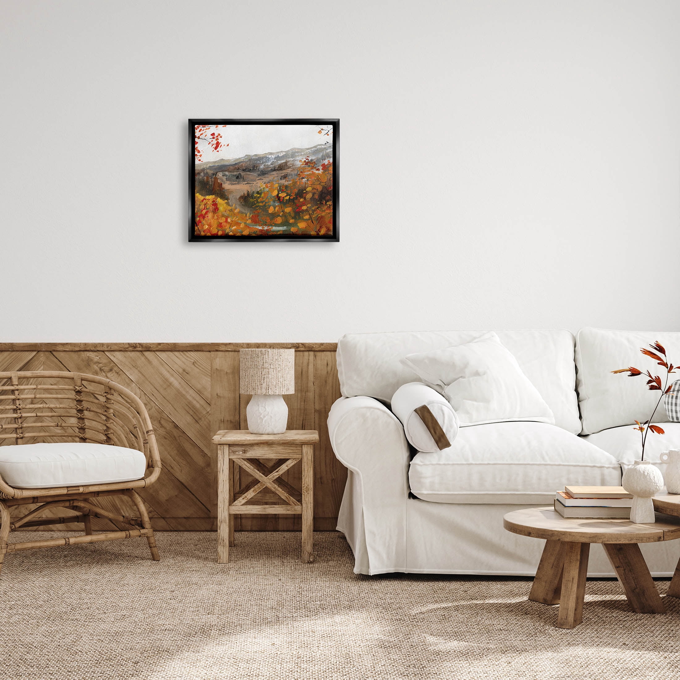 Autumn Foliage Mountain Scene Landscape Painting Jet Black Framed Art Print Wall Art