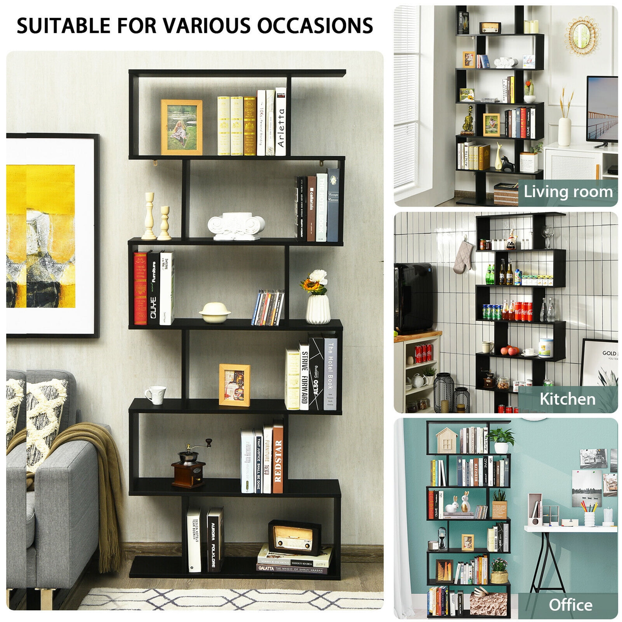 Gymax S-Shaped 6 Tier Bookcase, Black
