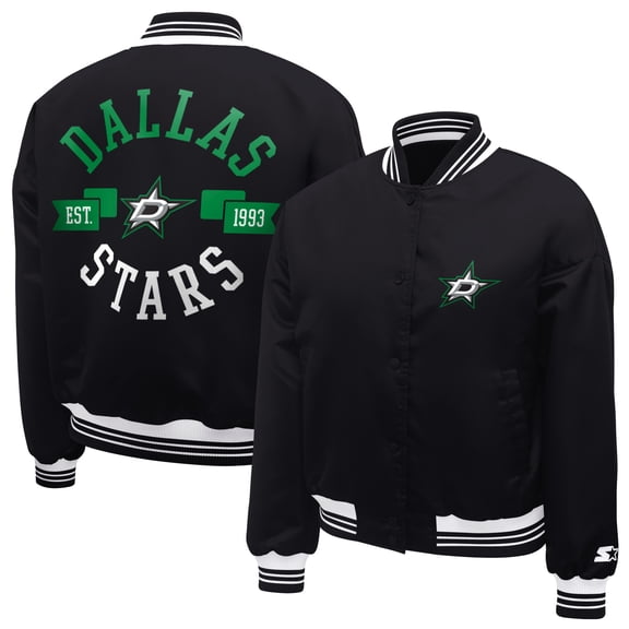 Women's Starter  Black Dallas Stars Printed Round Team Logo Satin Varsity Full-Snap Jacket