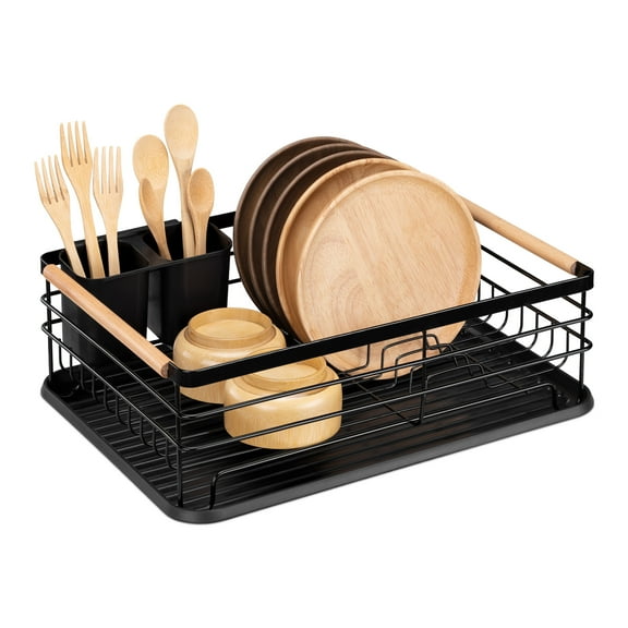 Navaris Dish Drainer Rack - Kitchen Drying Rack with Beechwood Handles, Modern Retro Design - Black