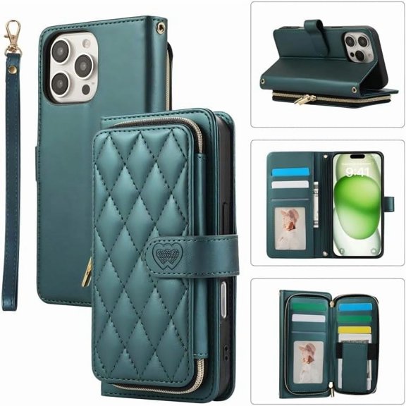 MYKOMI Flip Wallet Case for iPhone 16 6.1 inch with Zipper Card Holder & Shoulder Strap & Wrist Strap, Crossbody Purse Handbag Stylish Protective Cover for iPhone 16
