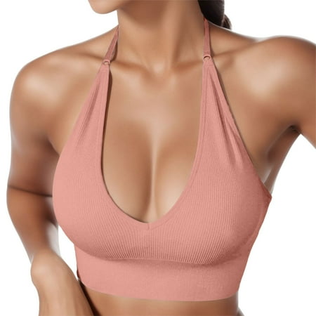 Women s Halterneck Sports Bra Backless Deep V Neck Sports Bustier Padded Gym Push up Bra Backless Adjustable Straps Bras for Women Pink M
