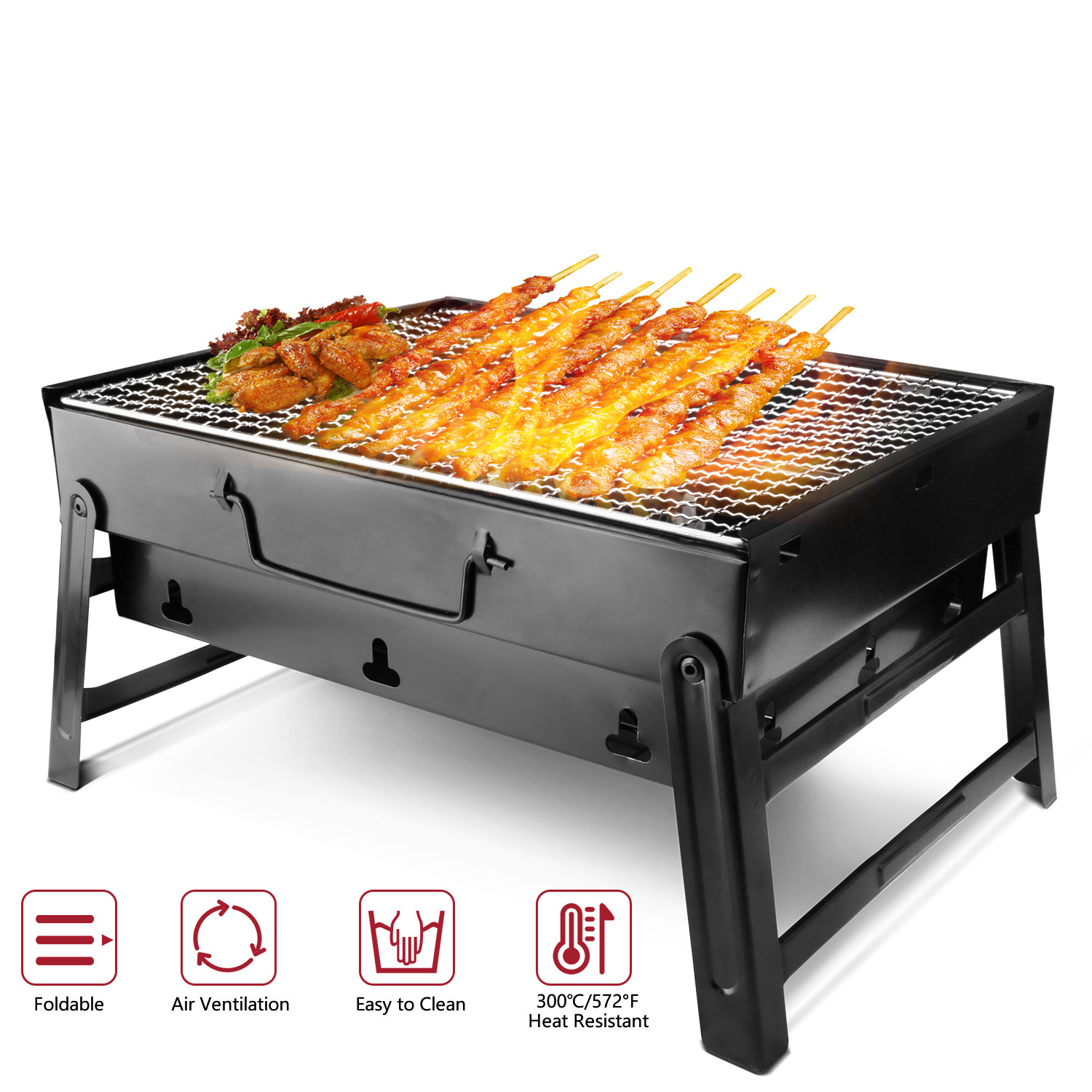 Htwon 13.7" Foldable BBQ Charcoal Grill, Portable Heavy Duty Barbecue Stainless Steel Tabletop Grill Stove with Handle Outdoor Camping Picnic Barbecue BBQ Accessories Tools - image 4 of 14