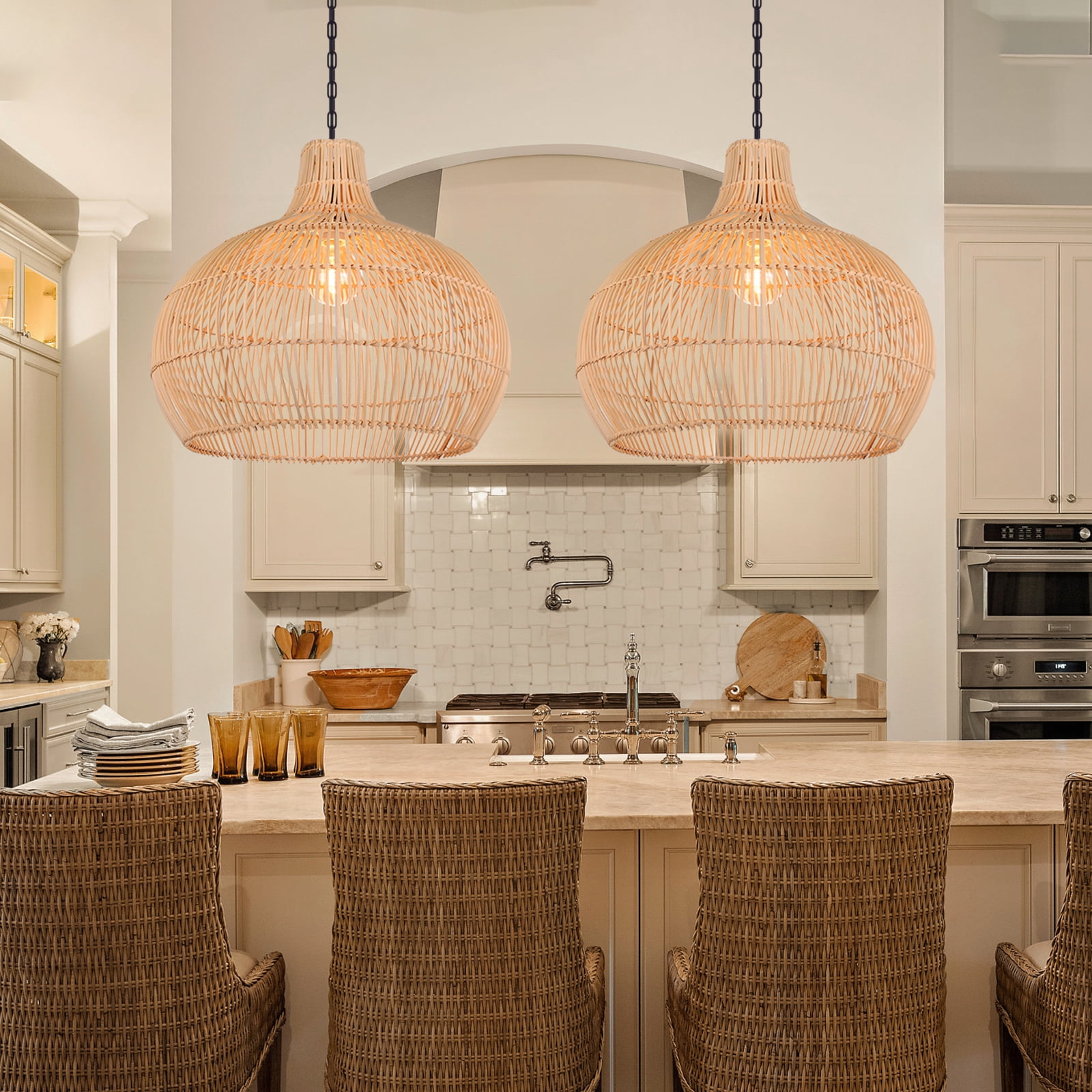 LittleGlovo Boho Home Decor Kitchen Island Rattan Bamboo Pendant Light Basket Weave Linear Chandelier