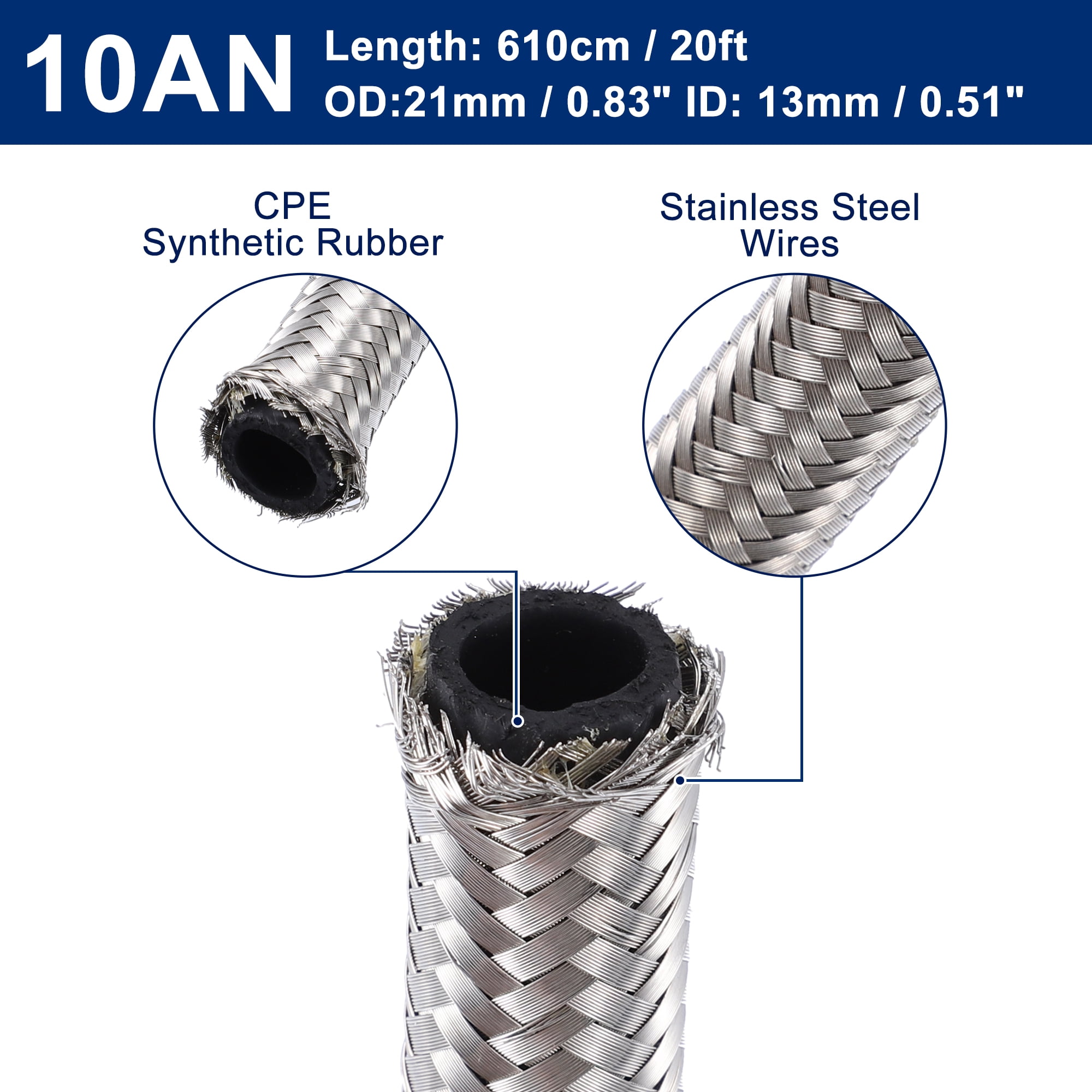 Unique Bargains 20ft 10AN Fuel Hose AN10 Universal Car Braided Stainless Steel CPE Oil Fuel Gas Line Hose Silver Tone