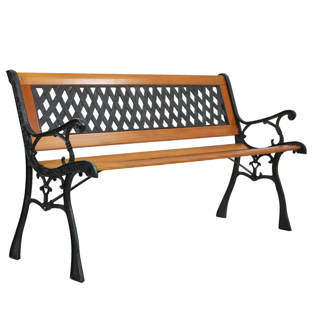 49" Garden Bench, Outdoor Patio Park Chair, Hardwood Slats Cast Iron Frame Seat,B