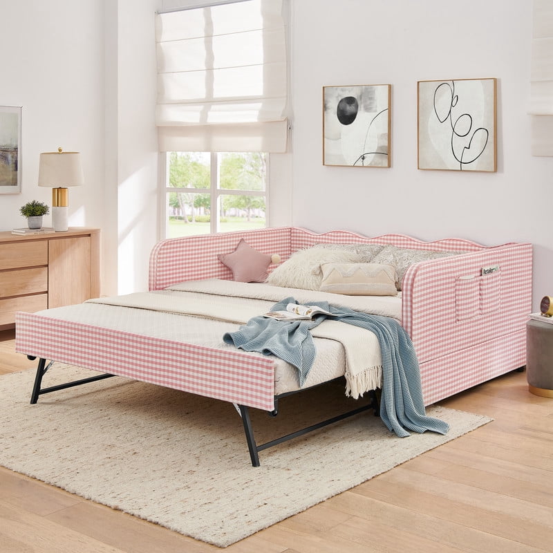 Full Size Daybed with Pop Up Trundle, Gingham Twin to King Daybed with Side Storage Pockets, Upholstered Sofa Bed Frame for Living Room Bedroom, No Box Spring Needed