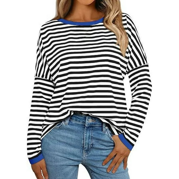 Long Sleeve Tops for Women, Yigetop Women's New Round Neck Long Sleeved Loose T Shirts Female Comfortable Commute Fashion Long Sleeved Lady T Shirt Long Sleeve Striped Shirt Black L