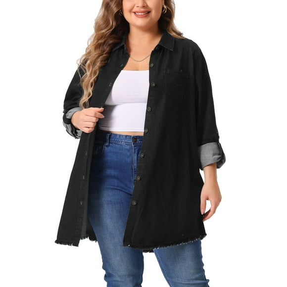Agnes Orinda Women's Plus Size Long Sleeve Button Down Denim Long Chambray Shirt 3X Black