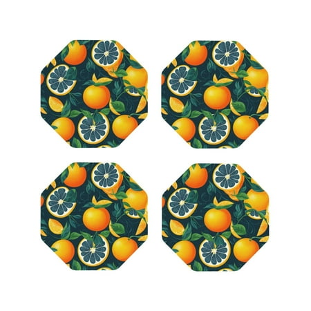 

Fuzoiu Fresh Orange Print Leather Coasters Set Drink Coasters Set of 4 for Tabletop Protection Durable PVC Coasters Home Décor and Housewarming Gift-Octagon
