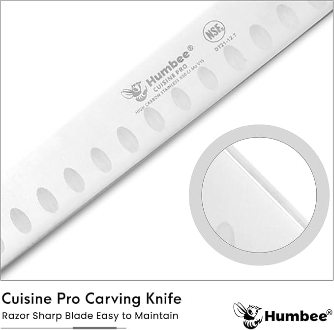 Humbee Chef Carving Knife 12-Inch with Granton Edge for Turkey Ham Meat Slicing and cutting NSF Certified DT-21 Series, Black
