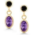 thumbnail image 2 of Gem Stone King 14K Yellow Gold Purple Amethyst and Black Diamond Drop Dangle Earrings for Women (1.10 Cttw, Gemstone Birthstone, Oval 6X4MM, Round 3MM), 2 of 4