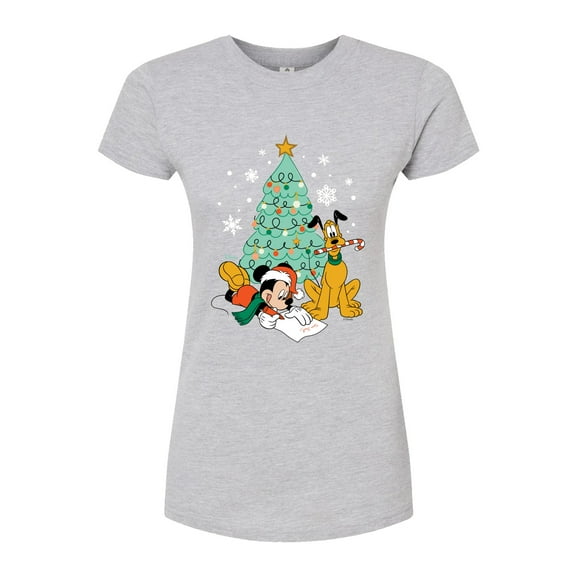 Disney - Mickey And Pluto Xmas Tree - Juniors Fitted Graphic T-Shirt