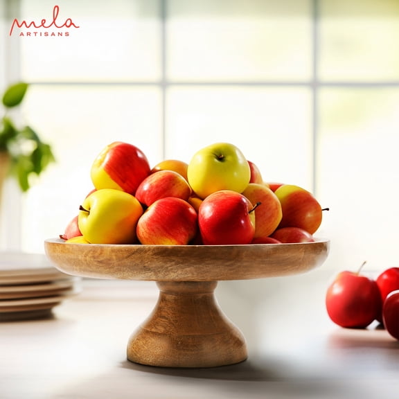 Organic Footed Wooden Fruit Bowl Mangowood, Natural, Handcrafted Coffee Table Décor, Decorative Fruit Tray, 12” x 4” x 5”