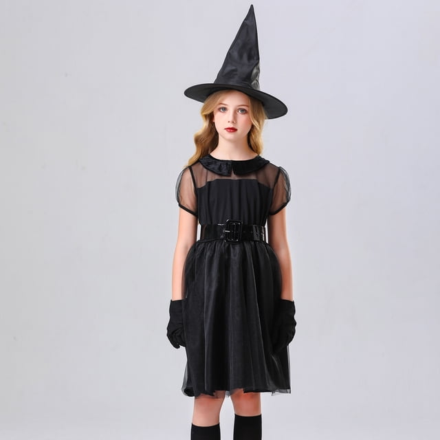 EGNMCR Robe pour Enfants, Robe à Manches Courtes à Col Rond Tout-Petits Enfants Halloween Filles Mode Sorcière Sorcière Cosplay Fête Vêtements Robe Ensemble Chapeau Robe Fille