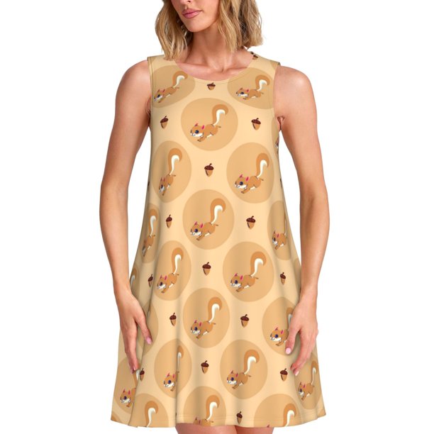 Fotbe Squirrel And Nuts Vestido de Verano sin Mangas para Mujer – Vestido Midi Línea A, Estilo Camiseta Floral, Vestido Playero Casual y Fluido
