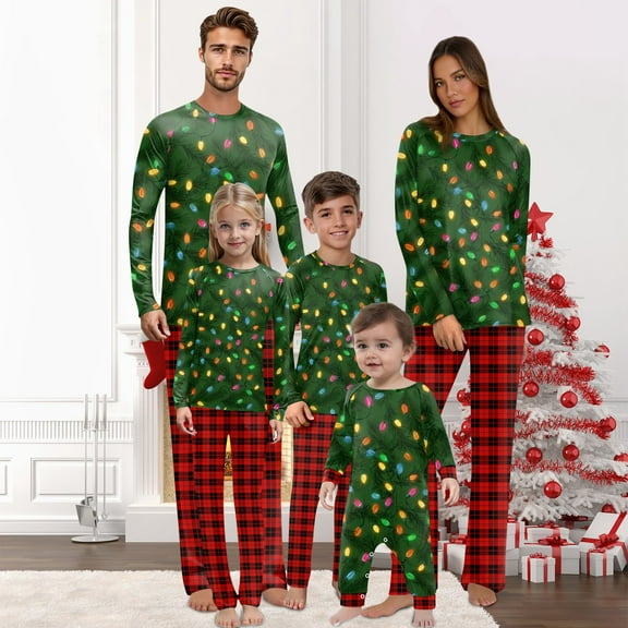 Onlypjs Family Matching Christmas Pajamas Set for Men, Women and Couples – Festive Light-Up Tree Print Tops and Red Plaid Pants