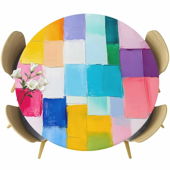 Colorful Abstract Art Round Tablecloth 36-44 Inch Round Fitted Table Cloth with Elastic Edge, Geometric Modern Oil Painting Waterproof Table Cover Protector for Outdoor Picnic Party Dining