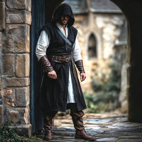 FASHOFT Halloween for Men Hooded Jacket Linen Look Surcoat Drawstring Waist Historical Renaissance LARP Roleplay Cosplay Outerwear