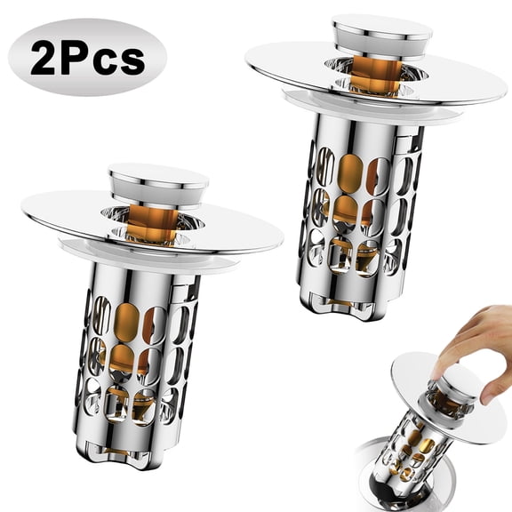Yalumo 2Pcs Bathroom Sink Stopper, 3 In 1 Sink Stopper Bathroom Drain for 1.1'' to 1.5'' Basin, Pop Up Sink Drain Stopper with Removable Stainless Steel Filter Basket Hair Catcher, Silver