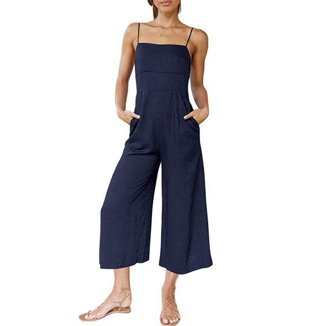 Txlixc Mono de verano para mujer Tirantes finos ajustables Cintura alta Pierna ancha Mono recortado Mamelucos con bolsillos Txlixc Estilo de ocio
