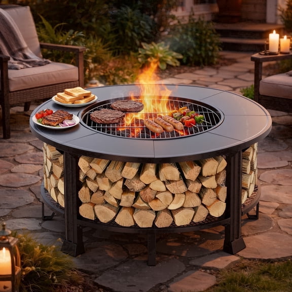 38" Fire Pits for Outside, SEGMART Outdoor Fire Pit, Round Wood Burning Fire Pit with Grill, Poker, Waterproof Cover, Fire Pit Table for Patio BBQ, Backyard Fire Pit, Firepit for Outside Patio, Black