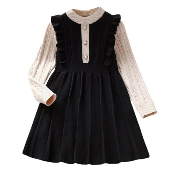 Ruyang Girls Spring Fall Vintage Knitted Dress Long Sleeve Ruffle Ribbed Flowy Princess Dresses A-Line Sweater Dress