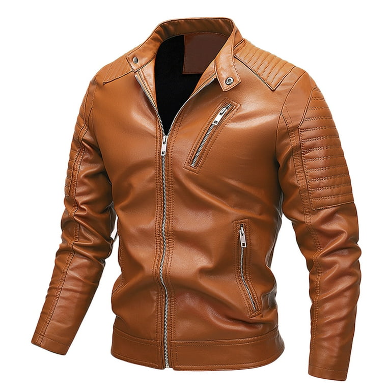 SEMIMAY Men\'s Winter Plus Velvet Leather Outwear Multi-Zipper Stand Collar Coat  Short Large Size Outdoor Warm Jacket