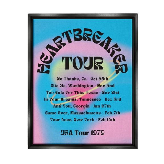 Stupell Industries Vintage Heartbreak Tour Typography Painting Black Floater Framed Canvas Art Print Wall Art, 17 x 21