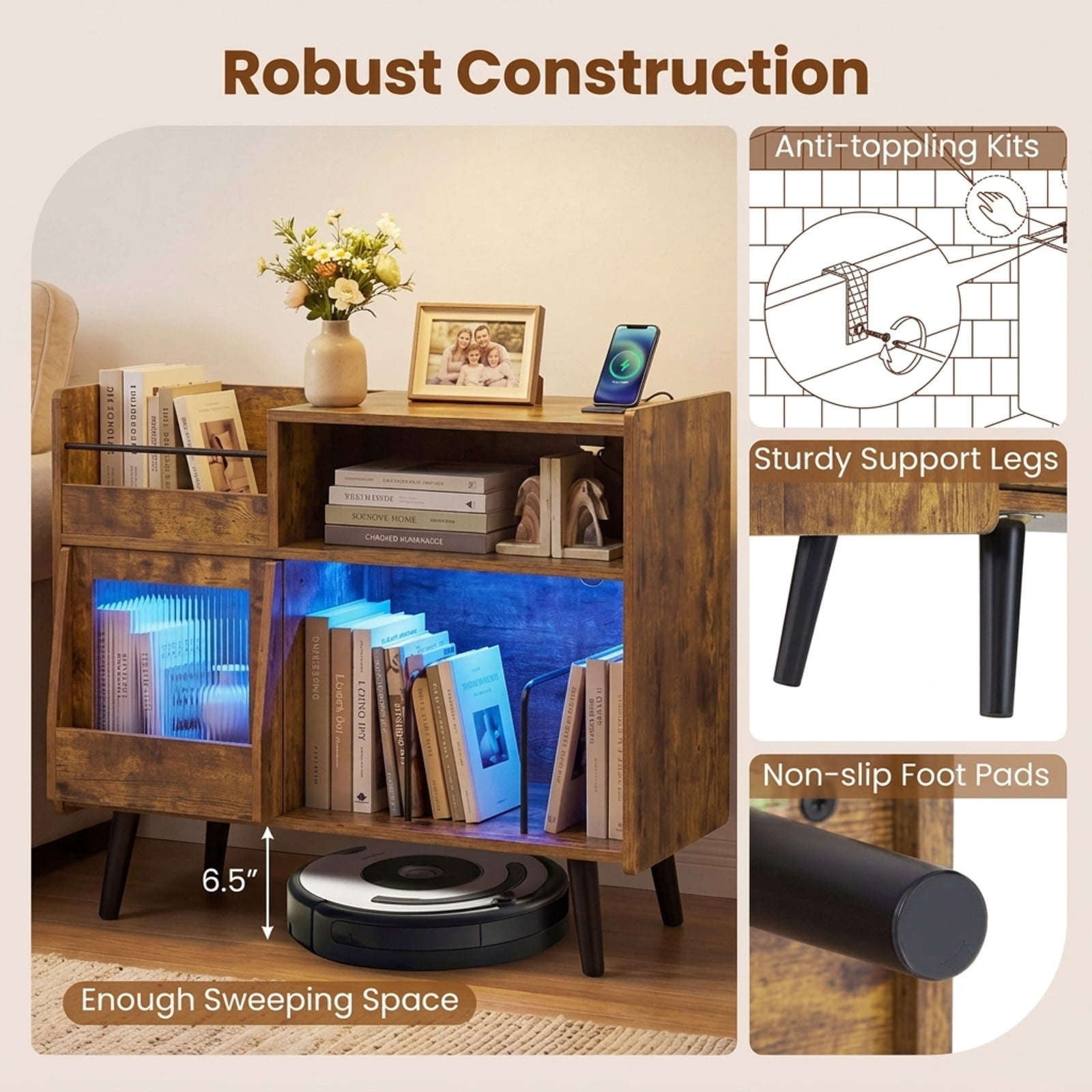 Furnibear Record Player Stand with RGB LED Light Power Outlets USB Type-C Ports and Sliding Glass Door for Living Room, Rustic Brown