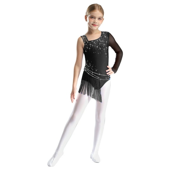 iiniim Girls Latin Dance Dress Asymmetric Long Sleeve Mesh Rhinestones Leotard Tassels Ballroom Dancing Costume Black 14
