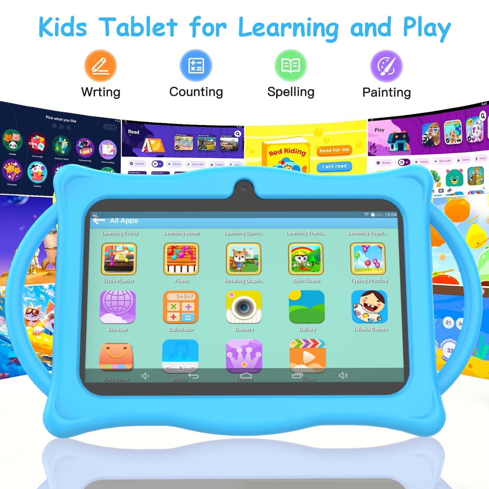 Kids Tablet 7Inches Android 14.0 with Case,RAM 8GB(4+4Expand)+32GB ROM, 1024*600 IPS Screen, Bluetooth 5.0,Front 2.0MP+ Back 2.0MP Dual Cameras,3000mAh Battery,Blue