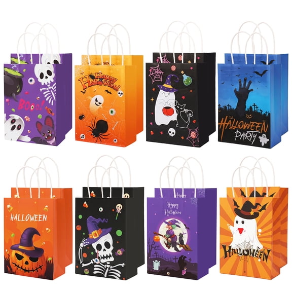sixwipe 16 PCS Halloween Treat Bags, 8 Styles Halloween Paper Gift Bags with Handles, Halloween Trick or Treat Tote Bags for Party Favors Supplies