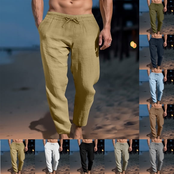 UVEASISHA Mens Quick Dry Beach Pants Elastic Waist Linen Pants for Men Loose Straight Leg Drawstring Casual Pants Pocketed Linen Dress Pants White L