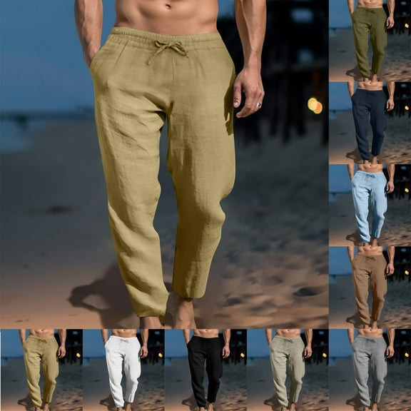 UVEASISHA Men's Linen Casual Pants Loose Fit Drawstring Waist Summer Beach Pants 2025 Summer Fashion Loose Straight Leg Trousers with Pockets Beige M