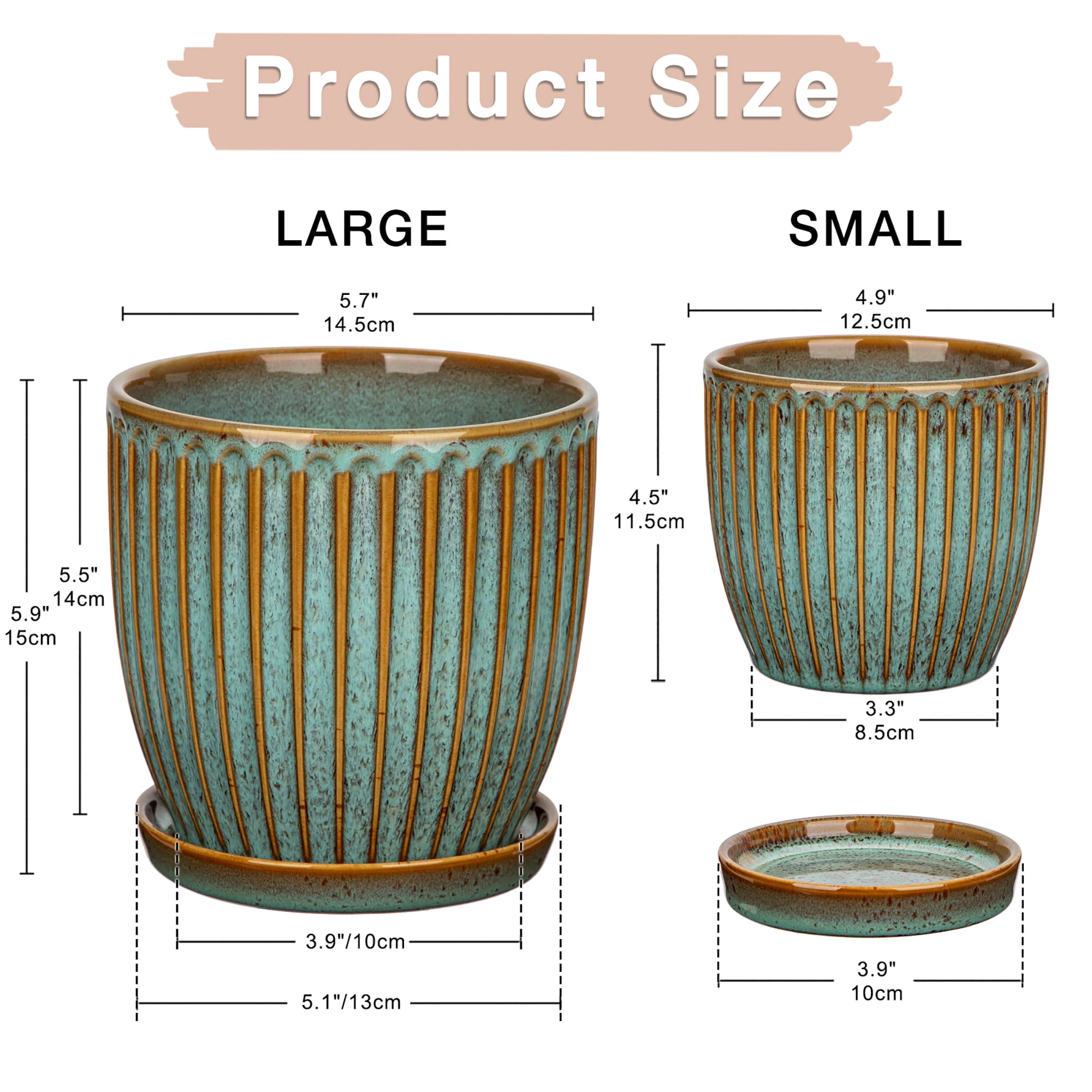 2 Pcs Ceramic Pots 4.9 &5.7 inch Plant Flowers Pots with Saucer and Drainage Holes Blue
