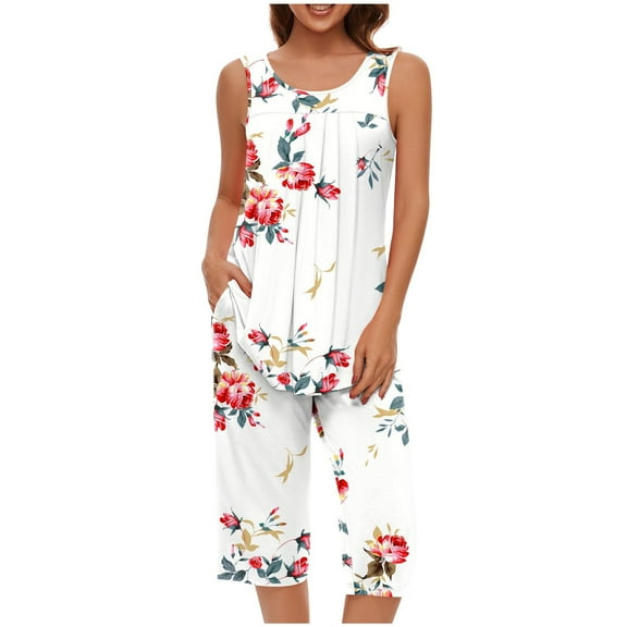felwors Women Pajamas Sets Loungewear Soft Sleepwear Two Piece Summer Sleeveless Pjs Tank Top Pants with Pocket S-3XL White, XXL
