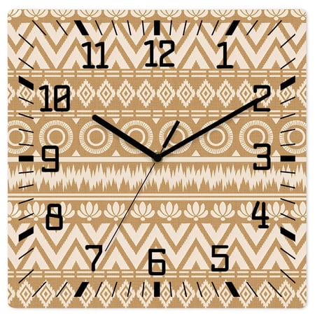 Wall Clock Beige Boho Diamonds Operated Square Clocks Wooden Silent Non-Ticking Wallclock 10 Inch Bohemian Tribal Zigzags Circles Wood Wall Clock for Living Room Bedroom Office Shool Home Decor