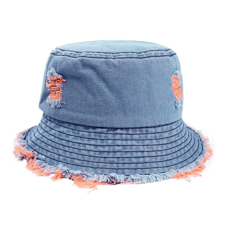 Vestitiy Unisex Fishing Hat UPF 50+ Aldult Bucket Hats Jean Washed Denim  Hole Teens Women Frayed Ripped Vintage Fisherman Cap Packable Outdoor Sun  Hats 