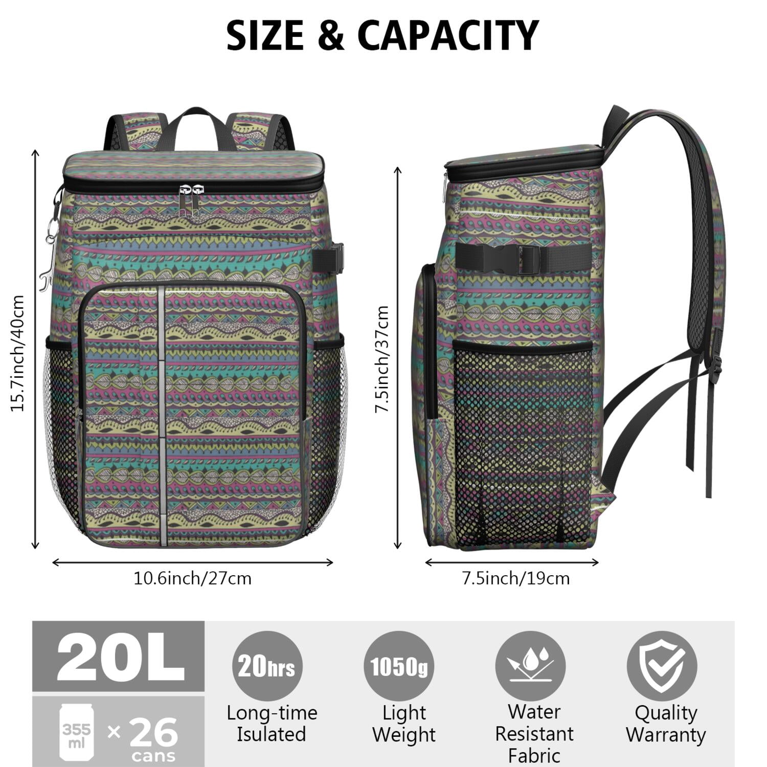 Travel Cooler Bag - Boho Bohemia Pioneer Flower Geometric Line Art Camping Beer Cooler Backpack with Bottle Opener- Waterproof Insulated Picnic Backpacks - Cooler Bag for Beach