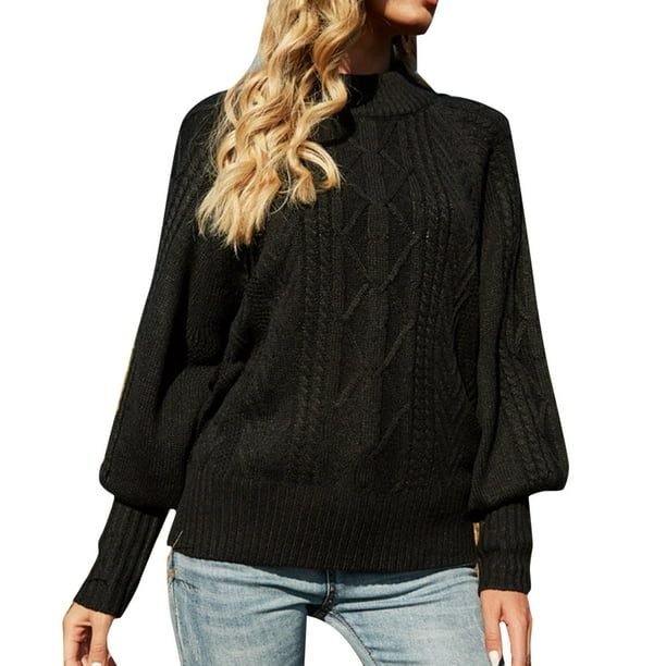 Gibobby Suéter de Cuello Redondo para Mujer, Suéter clásico de algodón Suave con Cuello Barco para Mujer Suéter para Mujer(Negro,CH)