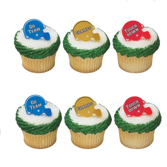 Football Helmet Cupcake Rings 24 Pack, Sport Theme Cupcake Toppers for Game Day Parties, Tailgate Desserts, Birthday Celebrations and Snack Displays, Assorted Helmet Designs