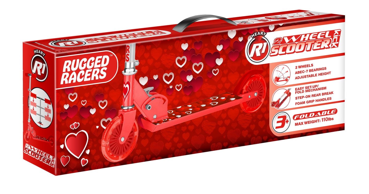 Rugged Racers Two Wheel Kids Scooter with Red Heart Design