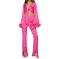 thumbnail image 2 of Coduop Women Feather Trim Long Sleeve Crop Top and Long Pants 2PCS Outfits Set, 2 of 6