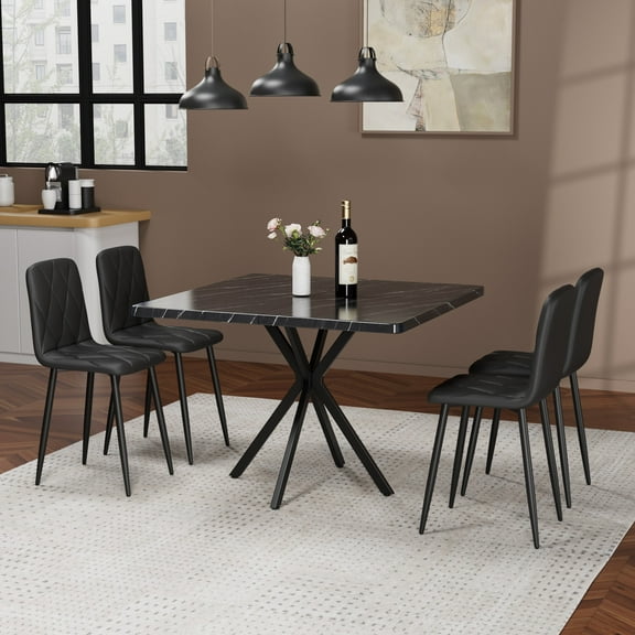 Square Dining Table Set, Mid Century Modern Square Dining Table for 4 Person, Faux Marble Tabletop, Iron Legs, Coffee Table for Kitchen Dining Room, Office, Save Space (Black)