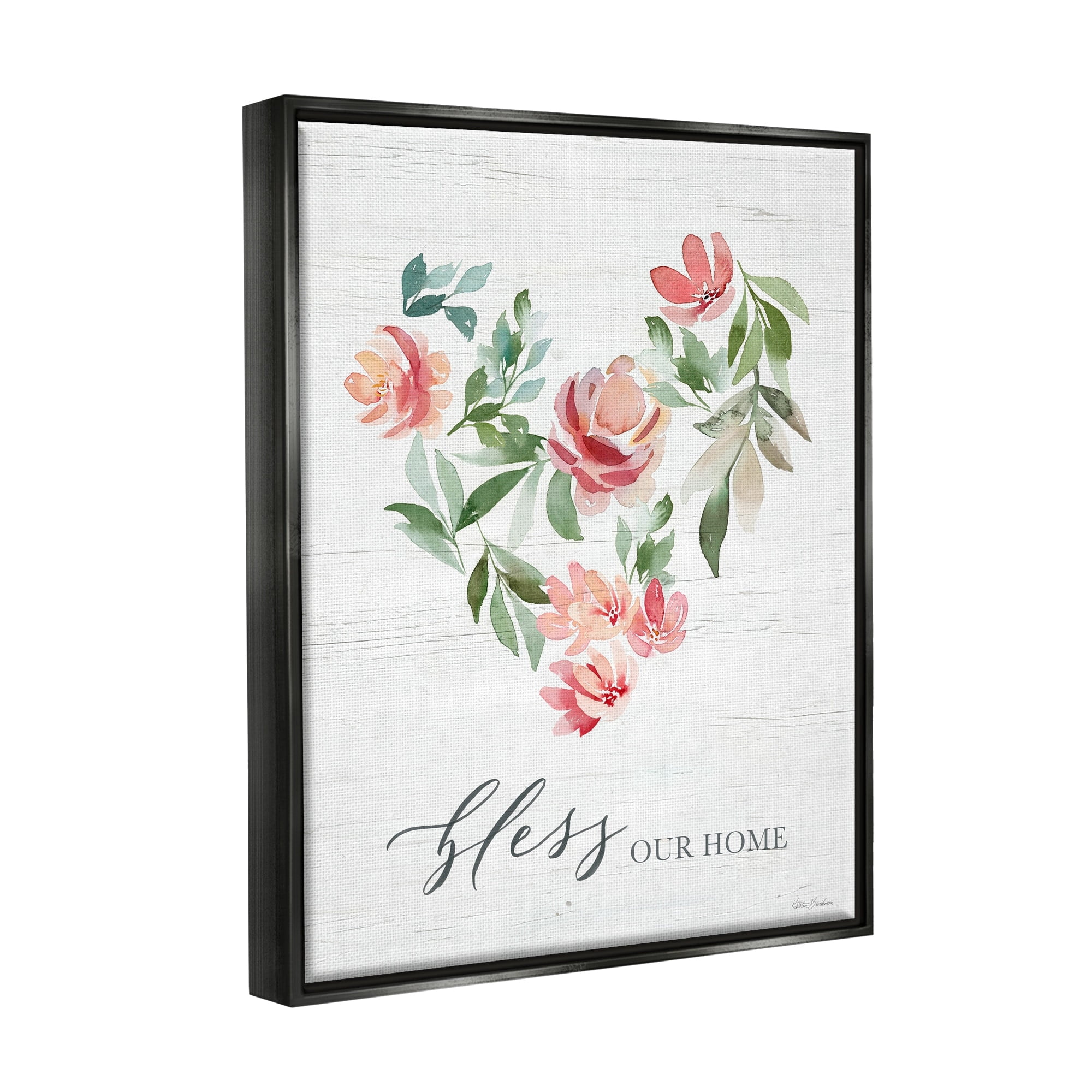 Stupell Industries Bless Our Home Grainy Pattern Floral Heart Shape Graphic Art Jet Black Floating Framed Canvas Print Wall Art, Design by Kristen Brockmon
