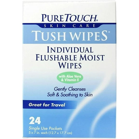 Pure Touch Tush Wipes for Adults 24 Individual Flushable Moist Wipes / 6 boxes 144 Single-Use-Packets