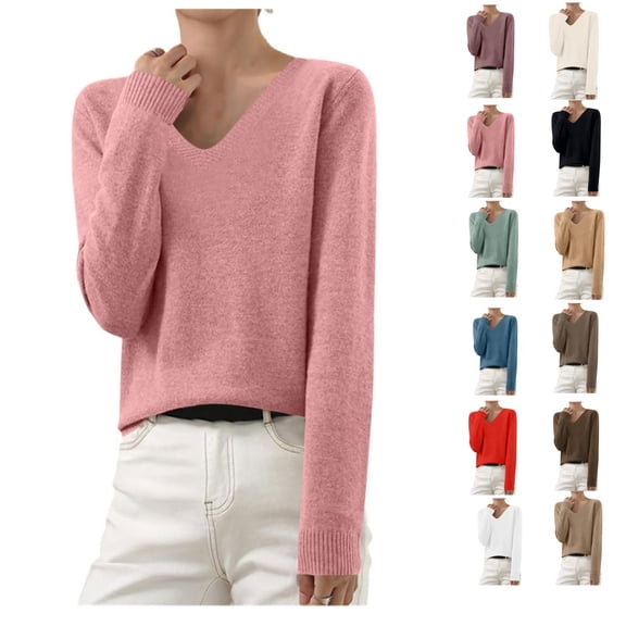Boyscolos Warm Sweaters for Women V Neck Classic Soft Pullover Sweater Loose Casual Fashion Long Sleeve Fall Winter